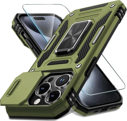 Vista 218 de DEERLAMN Funda para iPhone Xs Max con funda deslizante para cámara + protector de pantalla, soporte giratorio de anillo de grado militar a prueba