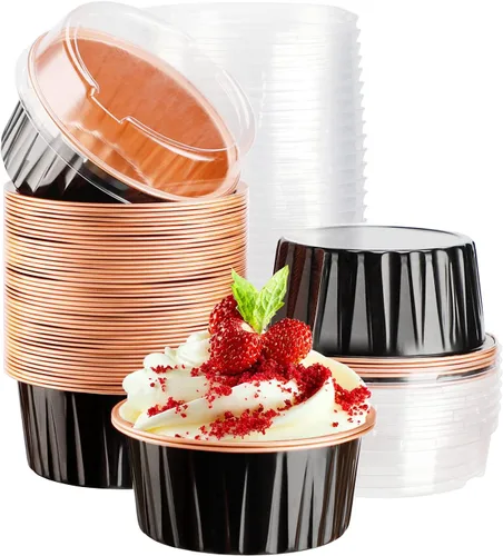 Vista 21 de EUSOAR Vasos para cupcakes con tapas, paquete de 50 forros para magdalenas de 5 onzas de colores surtidos, moldes desechables de papel de aluminio 5