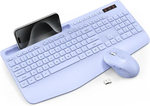 Vista 17 de Combo de teclado y mouse inalámbrico - Teclado ergonómico de tamaño completo con reposabrazos, soporte para teléfono, modo de suspensión, combo