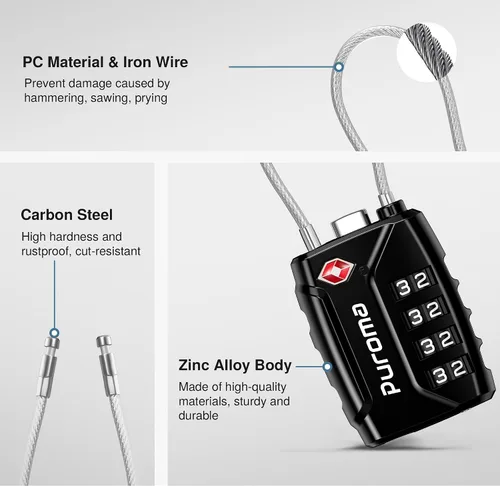 Vista 5 de Puroma Paquete de 2 cerraduras de equipaje aprobadas por la TSA, cerradura de viaje con combinación de 4 dígitos con cuerpo de aleación de zinc