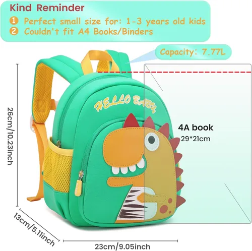 Vista 2 de Mochila infantil para niños de 1 a 3 años, mini mochila para niños, mochila preescolar para niños con correa de seguridad antipérdida, Dinosaurio
