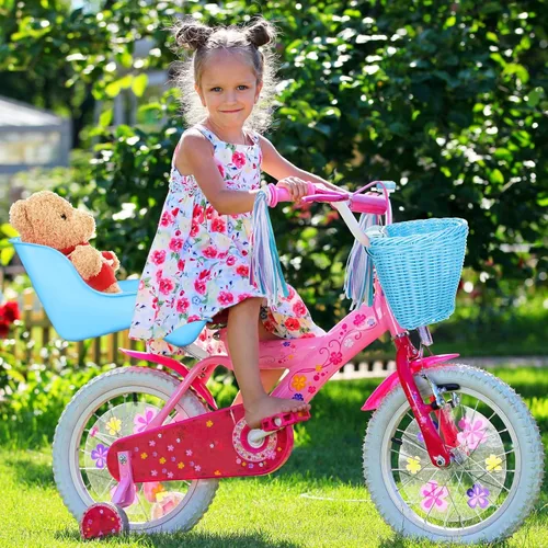 Vista 6 de Aurelema Asiento de bicicleta de muñeca con 30 calcomanías de calcomanías, cesta de bicicleta para niños, manillar de bicicleta, cintas coloridas