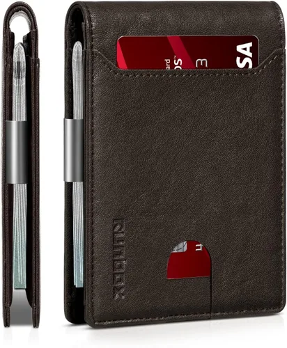 Vista 132 de RUNBOX - Carteras delgadas para hombre, cartera de piel con pinza para el dinero, cartera de bolsillo frontal con bloqueo RFID, tarjetero