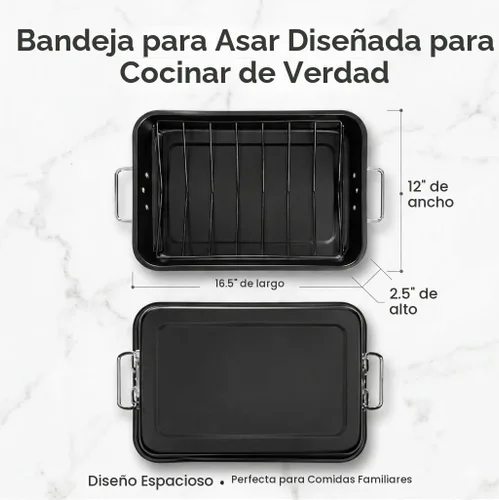 Vista 2 de Moss & Stone Cacerola para asar de acero al carbono con juego de estante de asado removible en forma de "V", bandeja para asar rectangular de 16.5