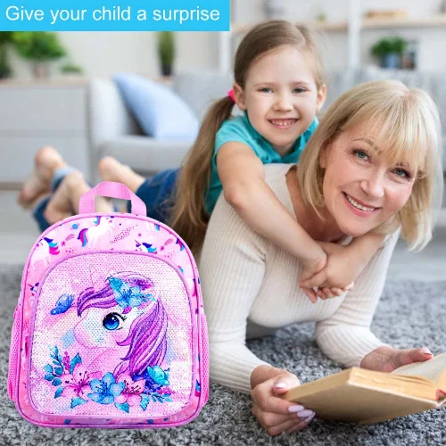 Vista 7 de UFNDC Mochila infantil para niñas, bonita mochila preescolar de unicornio, bolsa escolar de lentejuelas para jardín de infantes