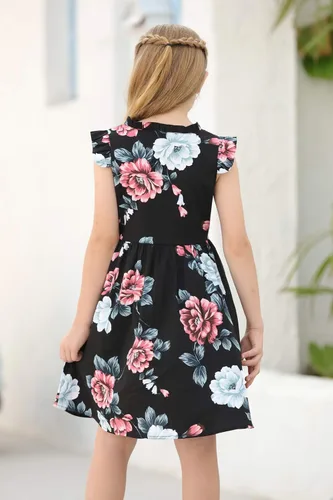 Vista 2 de GORLYA Vestido midi vintage para niña de 4 a 12 años con estampado floral y volantes, manga con volantes y bolsillos