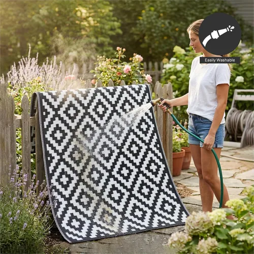Vista 7 de FH Home - Alfombra para exteriores, impermeable, resistente a la decoloración, reversible, plástico reciclado de alta calidad, acabado geométrico