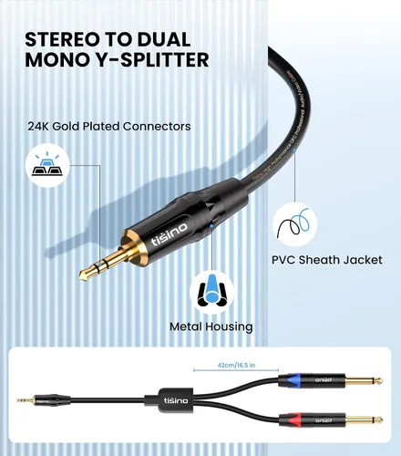 Vista 4 de Tisino - Cable TRS estéreo de 1/8" a dual TS mono con divisor en Y de 1/4", cable estéreo con miniconector auxiliar de 3.5 mm a conector de 6.35 mm
