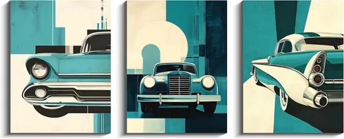 Vista 2 de NAN Wind 3 piezas de arte retro para pared de automóvil, impresión vintage clásica, verde azulado, azul, fondo geométrico abstracto de mediados