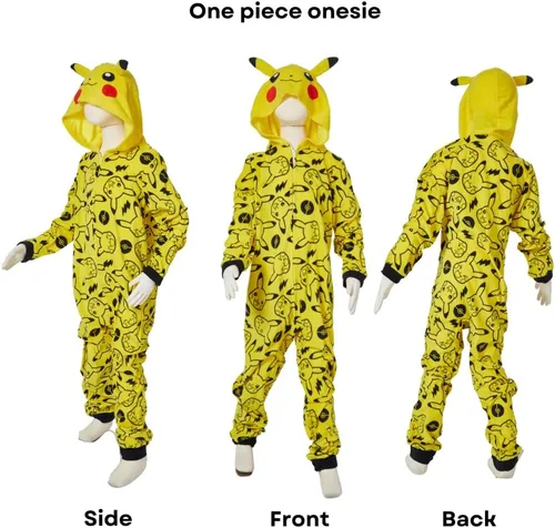 Vista 4 de Pokemon Pijama de una pieza para niños, disfraz de Pikachu con capucha o para dormir con cremallera frontal, tallas 4-10, Multi
