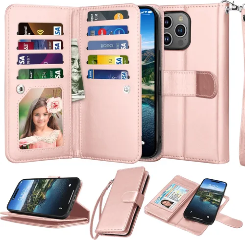 Vista 8 de Njjex Funda tipo cartera para iPhone 15 Plus de 6.7 pulgadas 2023, para iPhone 15 Plus, 9 ranuras para tarjetas, soporte de crédito de Negro