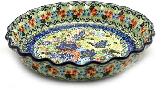 Vista 4 de Panadero de cerámica polaca - Plato para tartas - Estriado - Pavo real