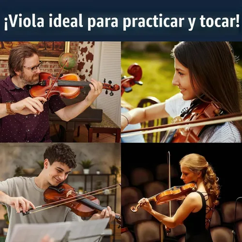 Vista 8 de Mendini by Cecilio Juego de viola de madera maciza de 14 pulgadas para principiantes - Kit de viola acústica tallada a mano con estuche rígido Satén