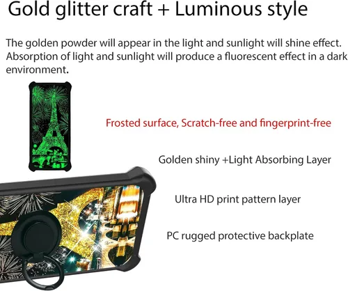 Vista 3 de jioeuinly JSH-TT - Funda compatible con Honor X50 con protector de pantalla de vidrio templado, soporte de anillo, purpurina dorada y luminosa