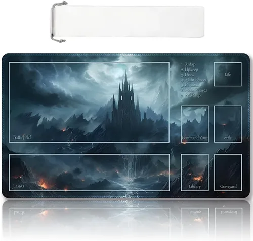 Vista 64 de Tapete de juego MTG cosido de alta calidad con zonas y respaldo de goma antideslizante, tapete de juego TCG para MTG y otros juegos de cartas, Dkt