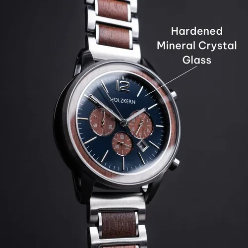 Vista 5 de HOLZKERN Oscar - Reloj para hombre, esfera azul de 1.654 pulgadas, acero inoxidable plateado y correa de madera de nogal, reloj casual para hombre