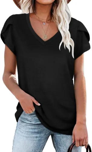 Vista 2 de WIHOLL Camisetas casuales de verano con cuello en V para mujer Negro