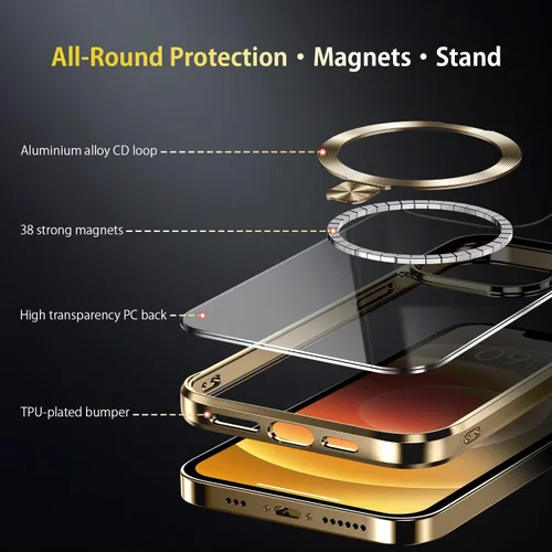 Vista 6 de [Anillo de CD compatible con soporte invisible MagSafe] Funda magnética para iPhone 12 / iPhone 12 Pro, parachoques galvanizado que no se pone