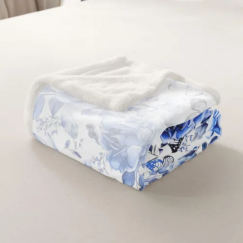 Vista 5 de Homewish Manta de cama con estampado de flores, manta de porcelana azul y blanca para niños y niños, manta sherpa de poliéster ligera con estampado