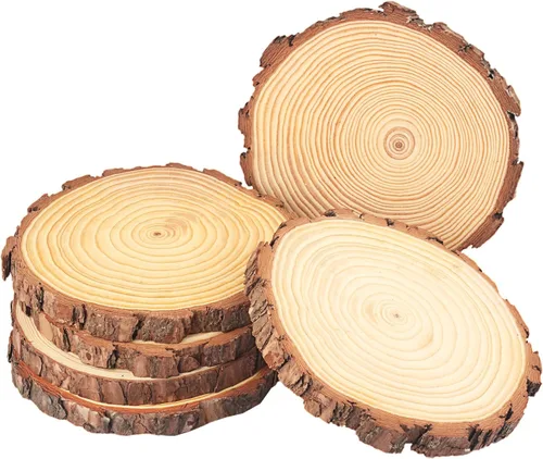 Vista 8 de 4 piezas de rodajas de madera natural de 10-12 pulgadas, círculos de madera de pino sin terminar con corteza para posavasos, manualidades DIY