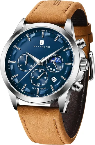 Vista 13 de SAPPHERO Relojes para hombre, cronógrafo, de acero inoxidable, impermeable, cuarzo, para negocios, casual, reloj de vestir para hombre, fecha Negro