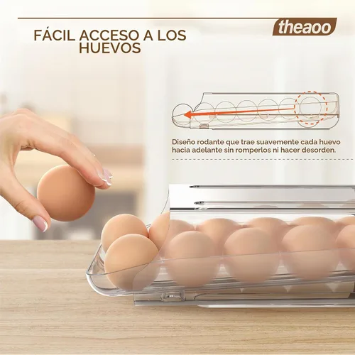 Vista 2 de theaoo Soporte para huevos para refrigerador, contenedor de huevos enrollable automático para refrigerador, dispensador de huevos de plástico