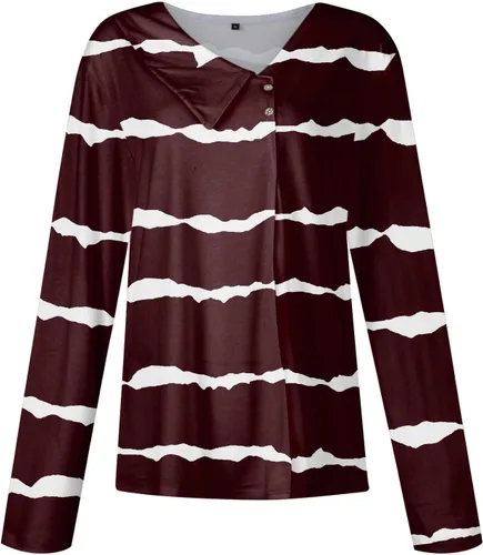 Vista 3 de Camisas de manga larga para mujer, blusa casual con estampado de rayas asimétricas con cuello en V y botones para otoño