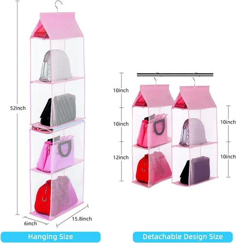 Vista 3 de KEEPJOY Organizador de bolso para armario, organizador de bolso colgante con 4 estantes de malla de alta resistencia (rosa)