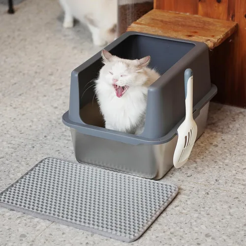 Vista 8 de Caja de arena para gatos de acero inoxidable, bandeja de arena de metal cubierta, bandejas de arena para gatos con lados altos, caja de arena