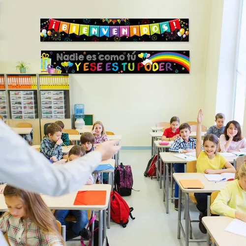 Vista 4 de Blulu Cartel de bienvenida en español, cartel inspirador en español para el primer día de escuela, cartel motivacional con 40 puntos adhesivos