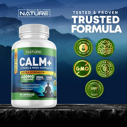 Vista 9 de Built by Nature Calm+ Relajación y Enfoque – Apoyo al estrés, Cortisol y estado de ánimo – Suplemento calmante con L-teanina, Ashwagandha, glicinato
