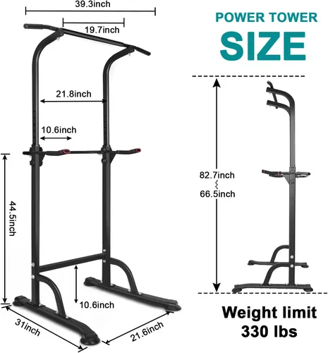 Vista 6 de Power Tower - Estación de inmersión de entrenamiento con barra de dominadas, altura ajustable, soporte de inmersión multifunción para gimnasio