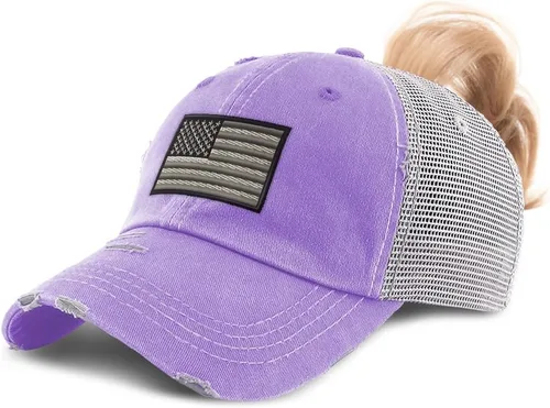 Vista 14 de Gorra de béisbol de cola de caballo personalizada Bandera estadounidense Solo diseño negro.