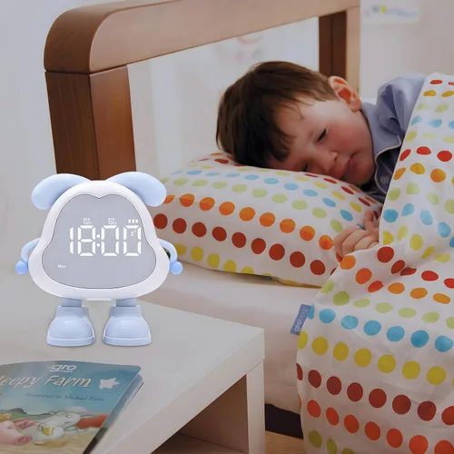 Vista 7 de DORA - Reloj despertador para perros para dormitorios de niños y niñas, bonito reloj despertador LED con pantalla digital, entrenador de sueño