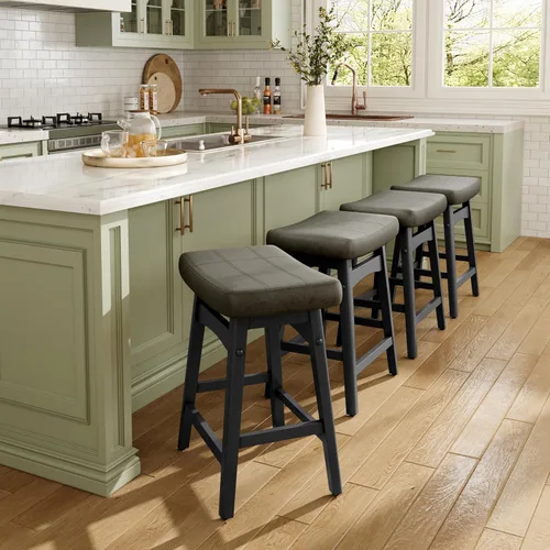 Vista 8 de MAISON ARTS Juego de 4 taburetes de bar grises para encimera de cocina, patas de madera maciza con asiento de silla de montar de piel sintética