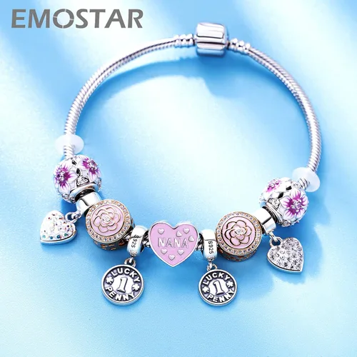 Vista 4 de Los dijes de flores y trébol se adaptan a la pulsera europea Valentiens, dije de flor de magnolia de oro rosa, trébol, copo de nieve brillante