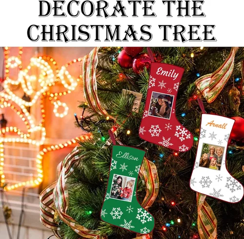 Vista 7 de Calcetines de Navidad personalizados con foto de nombre, imagen de perros y mascotas, patas de perro, calcetines de Navidad, decoración colgante