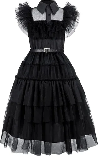 Vista 2 de Disfraz negro para niñas, disfraz de familia negro, disfraz de Halloween, vestido de fiesta para niñas de 4 a 13 años