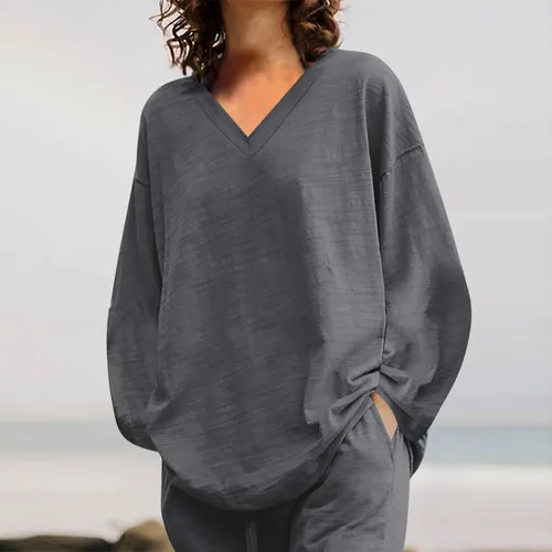 Vista 7 de ZDRZK Beach Sets Women 2 Piece Outfits Cotton Linen Matching Lounge Set Oversized Long Sleeve Tshirt And Pants Sweatsuit