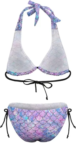 Vista 6 de Homokoir Bikini de 2 piezas para mujer, traje de baño de sirena, halter y triángulo