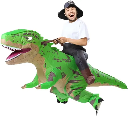 Vista 2 de MXoSUM Disfraz inflable de dinosaurio para adultos, disfraz de jinete T-Rex, divertido disfraz de Halloween para fiesta de cosplay Verde