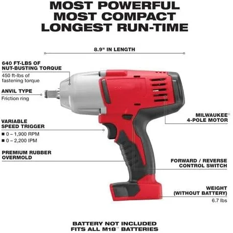 Vista 2 de Para herramienta Milwaukee M18 2663-20 Inalámbrica 1/2" Llave de impacto de alto par 18 voltios