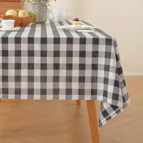 Vista 10 de Alsoo Mantel redondo de cuadros beige de 60 pulgadas, mantel circular a cuadros, lavable, sin arrugas, de lino y algodón, para picnic, cocina