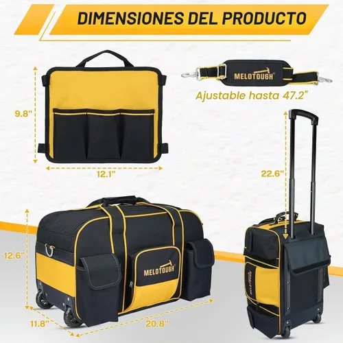 Vista 3 de MELOTOUGH Bolsa de herramientas con ruedas, organizador de bolsa de herramientas resistente con mango telescópico oculto, gran capacidad, múltiples