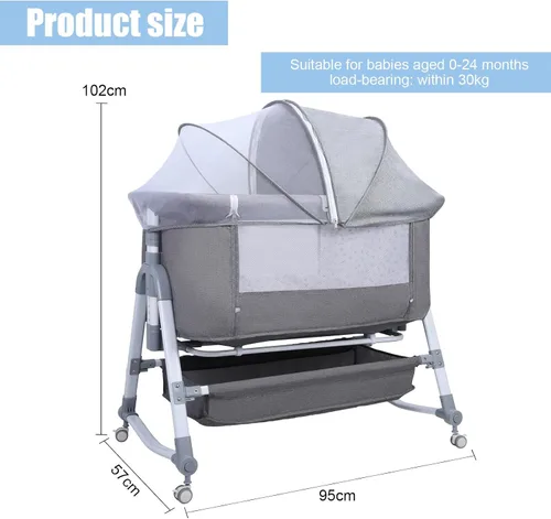 Vista 4 de 3 in 1 Bedside Sleeper Crib, Height Adjustable Co Sleeper, Movable Beside Bassinet with Curved Rocking Cradle, Lockable Wheels, Detachable Mosquito