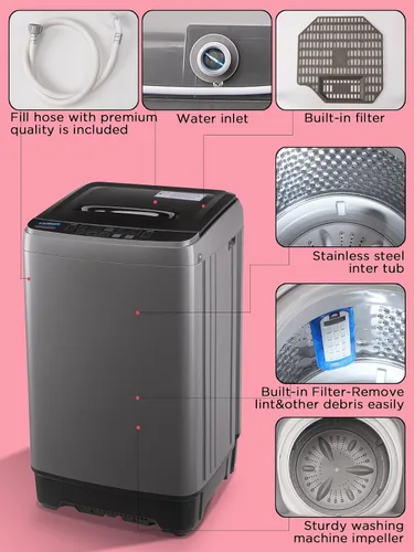 Vista 4 de KRIB BLING Lavadora completamente automática con pantalla LED, bomba de drenaje portátil de 17.7 libras, 10 programas y 8 niveles de agua Gris