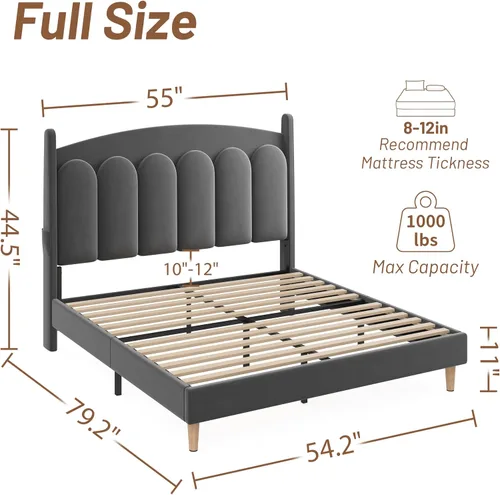 Vista 9 de CypBed Base de cama de tamaño matrimonial con luces LED de cabecero, cama matrimonial tapizada de terciopelo, cama matrimonial con plataforma Gris