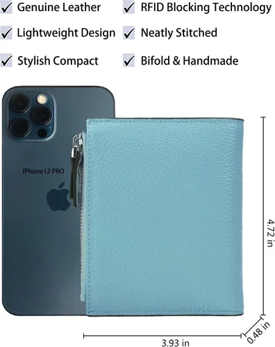 Vista 4 de AINIMOER - Cartera de piel con bloqueo RFID para mujer, tamaño pequeño, compacta, doble zíper, con ventana para identificación