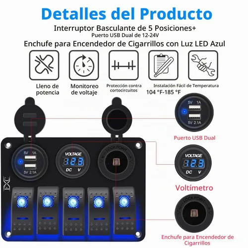 Vista 3 de Interruptor basculante de barco marino impermeable, panel de aluminio de 5 segmentos con ranura USB dual 3.1A + medidor de voltios, luz LED azul