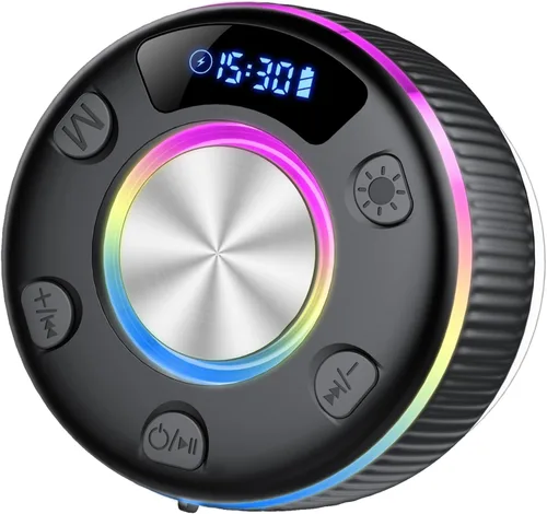 Vista 12 de Altavoz de ducha Bluetooth, IP7 impermeable, portátil, Bluetooth 5.3 con ventosa, mini altavoz inalámbrico con luces RGB, pantalla de tiempo, sonido